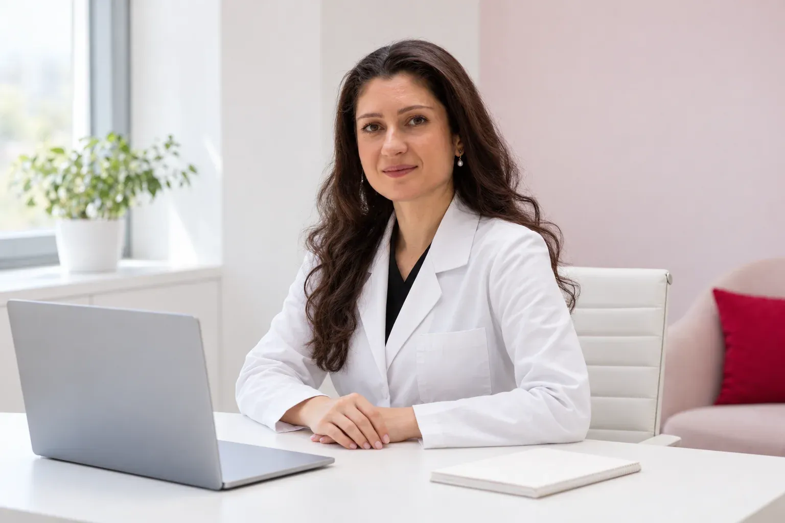 Dr. Aynur Babayeva qəbul otağında masa arxasında